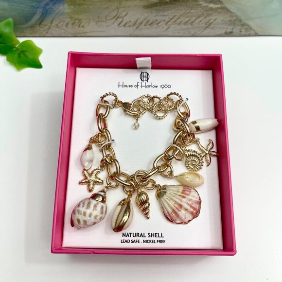 House Of Harlow 1960 Gold-Tone Charm Bracelet With Natural Shell Accents - Picture 2 of 3